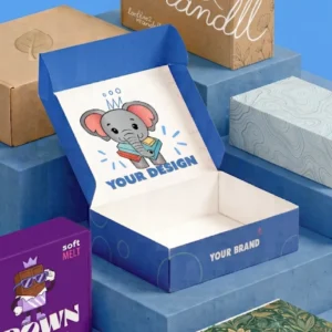 A range of printed custom mailer boxes, one open to show a printed interior