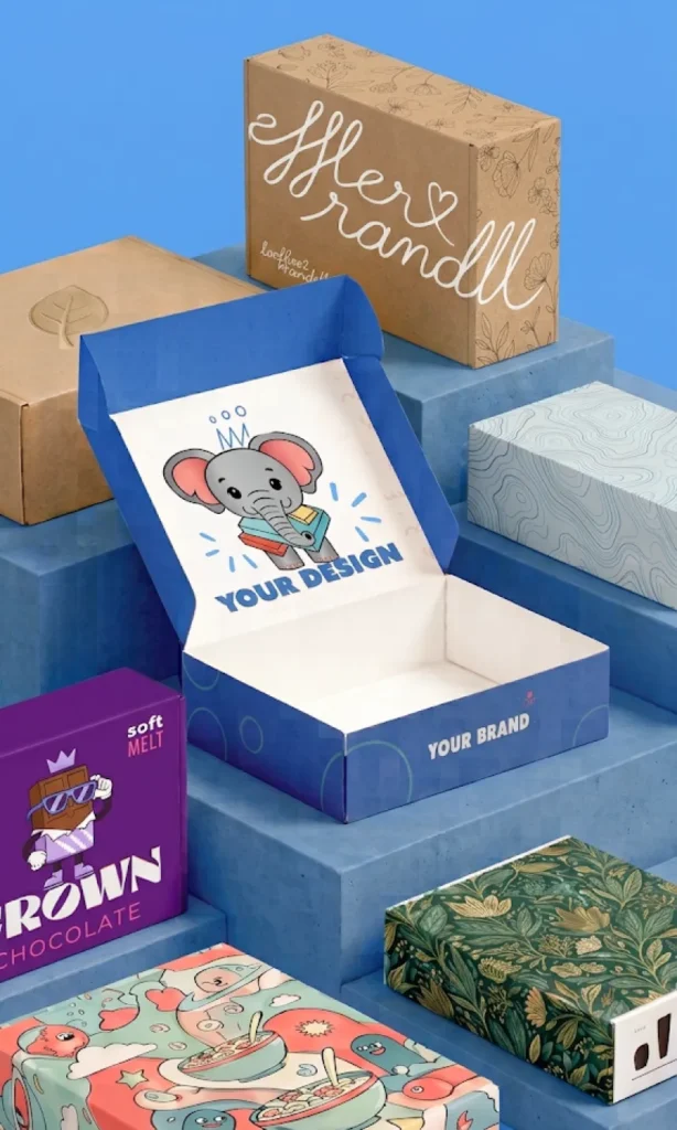 A range of printed custom mailer boxes, one open to show a printed interior